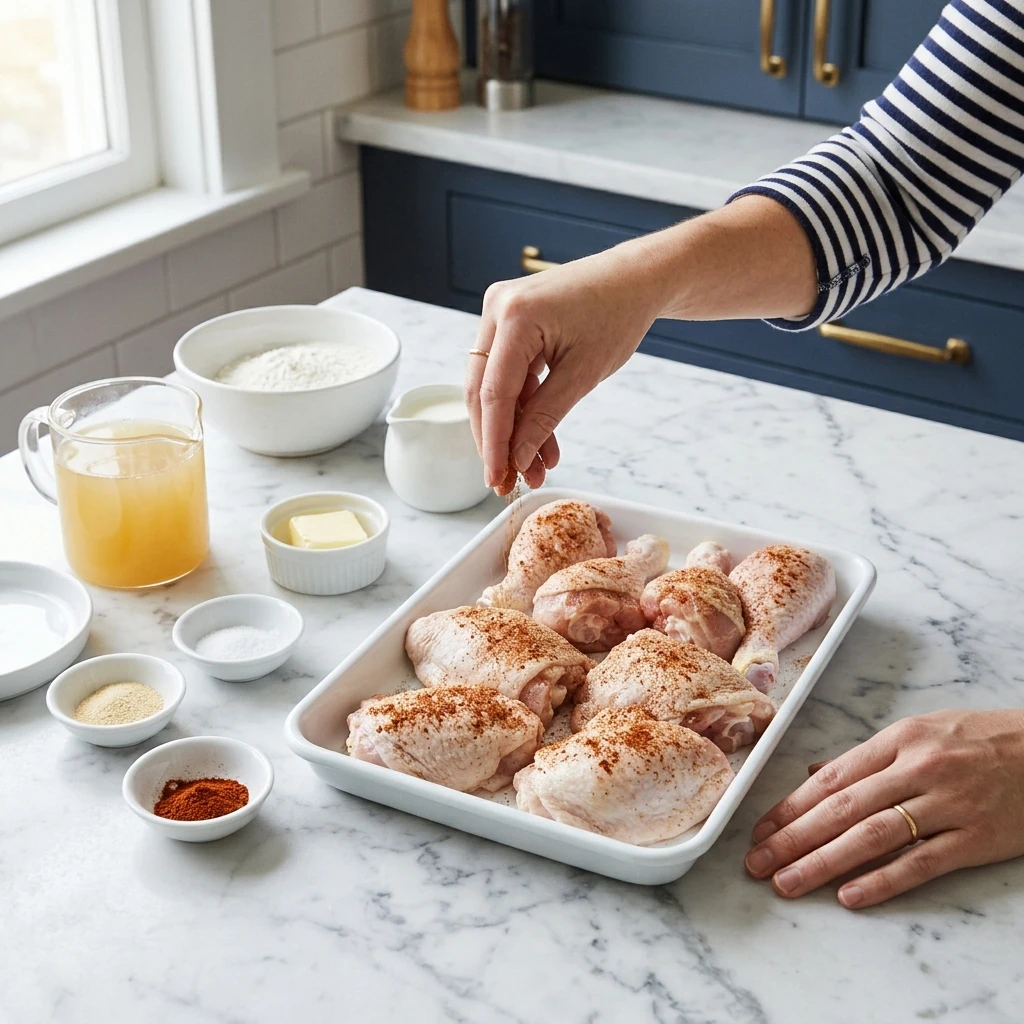 Sprinkling seasoning over raw chicken pieces on a marble counter