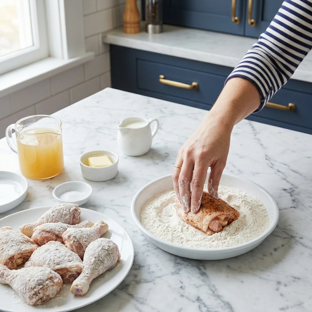 Pressing a seasoned chicken thigh into flour on a marble countertop