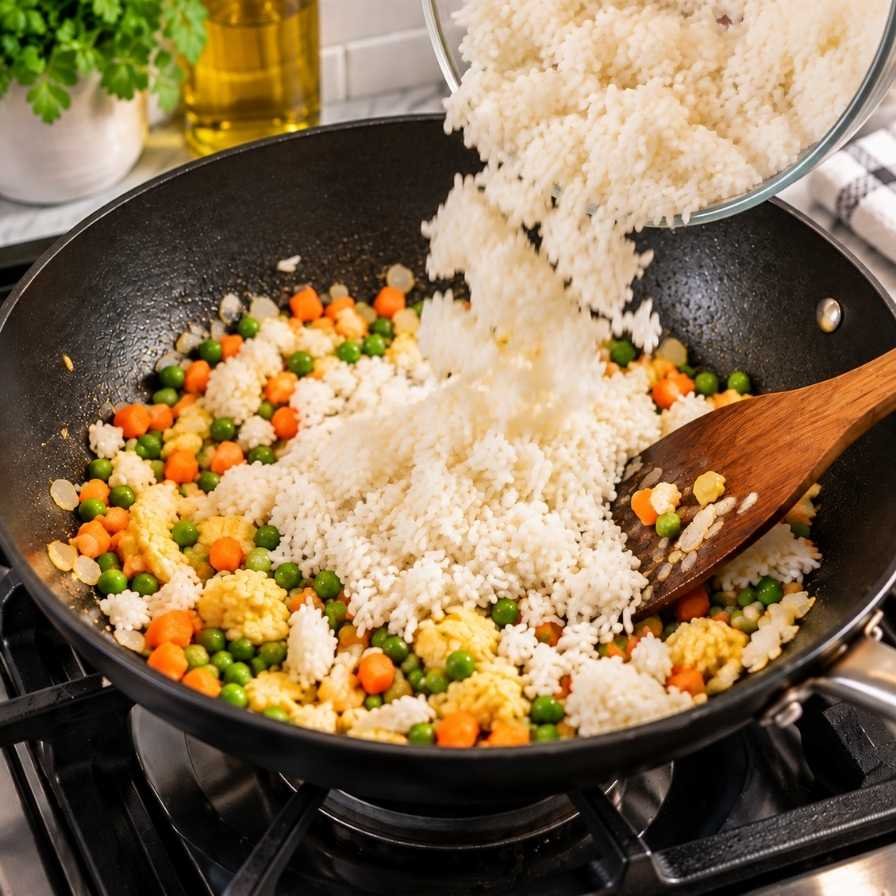 Now, it’s time to add the rice. Break up any clumps and add it to the pan. Stir-fry the rice with the vegetables and eggs, ensuring everything is well incorporated. Allow the rice to fry for about 3–4 minutes, giving it time to crisp up slightly.