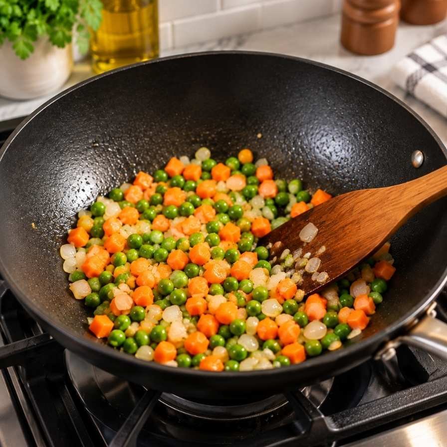 Add the chopped onion and cook until it becomes translucent, about 2 minutes. Then add the minced garlic and cook for another 30 seconds. This will create a fragrant base for your fried rice.