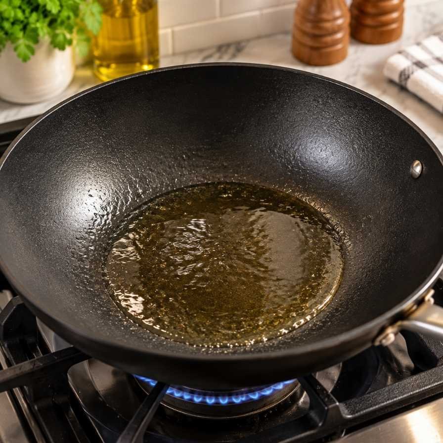 Place a large skillet or wok on medium-high heat. Add 1 tablespoon of vegetable or sesame oil. Let the oil heat up until it shimmers. The oil will create a non-stick surface for the rice and help achieve that perfect crispiness.