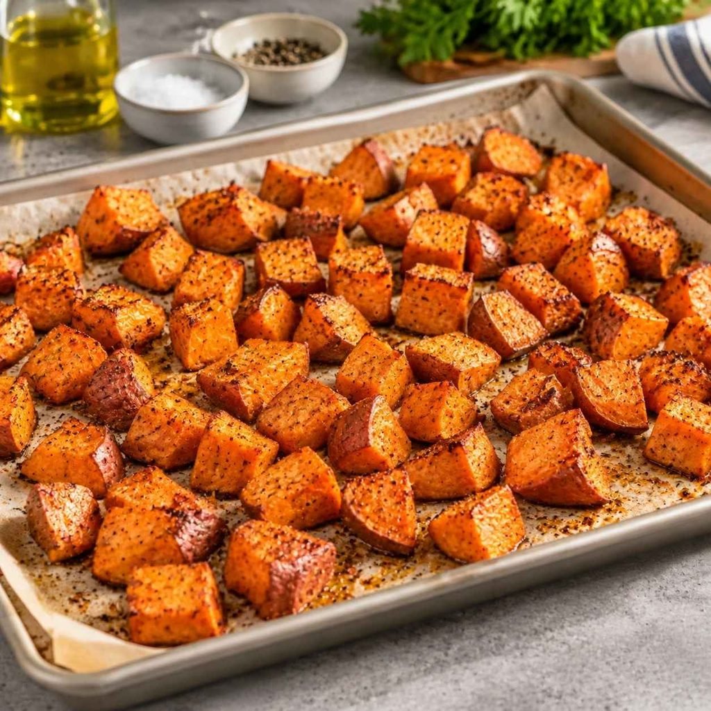Preheat your oven to 425°F (220°C). Toss cubed sweet potatoes with olive oil, salt, and pepper. Roast on a baking sheet for 25–30 minutes, flipping halfway, until tender and slightly caramelized.