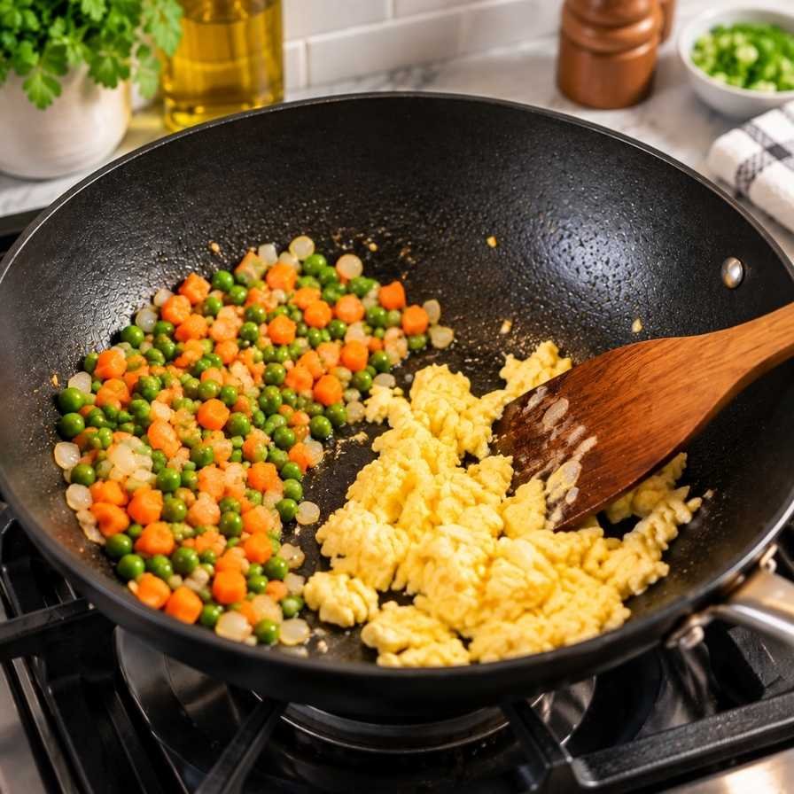 Push the vegetables to one side of the pan and add a bit more oil to the empty side. Pour in the beaten eggs and scramble them until fully cooked.