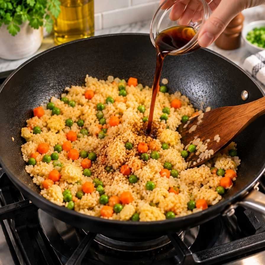 Drizzle the soy sauce and sesame oil over the rice. Stir it in, making sure every grain is coated in flavor. Add salt and pepper to taste.