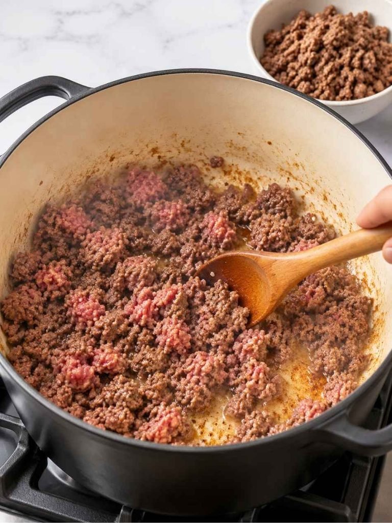 Heat a large soup pot over medium heat. Add the ground beef and cook until it is fully browned, breaking it apart with a wooden spoon as it cooks.