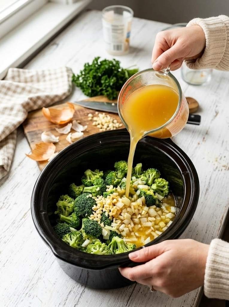 Add the diced yellow onion, shredded carrots, and minced garlic to the slow cooker. Pour the chicken broth over them, then add the salt, pepper, nutmeg, and bay leaf.