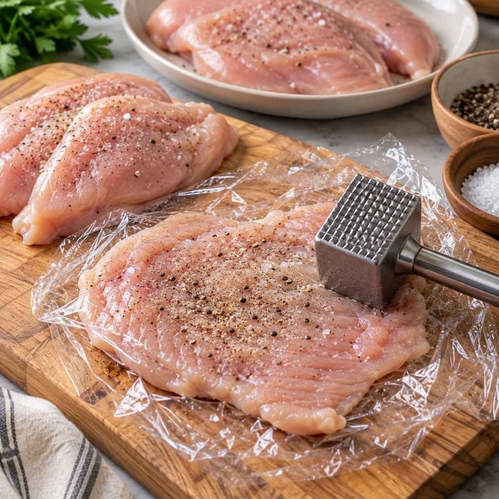 Step 1: Pound the chicken. Place each breast between two sheets of plastic wrap or parchment. Pound with a meat mallet or rolling pin to an even 1/2 inch thickness