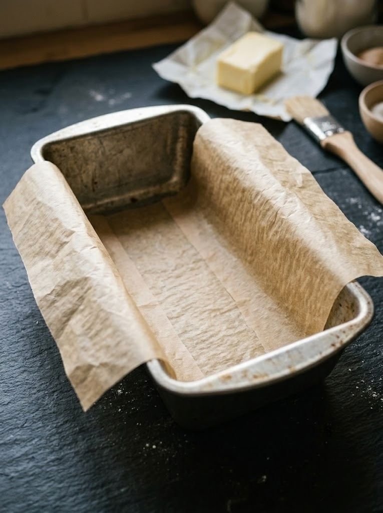 Preheat to 350°F (175°C). Grease a 9x5-inch loaf pan, then line it with a strip of parchment running the long way with overhang on both sides.
