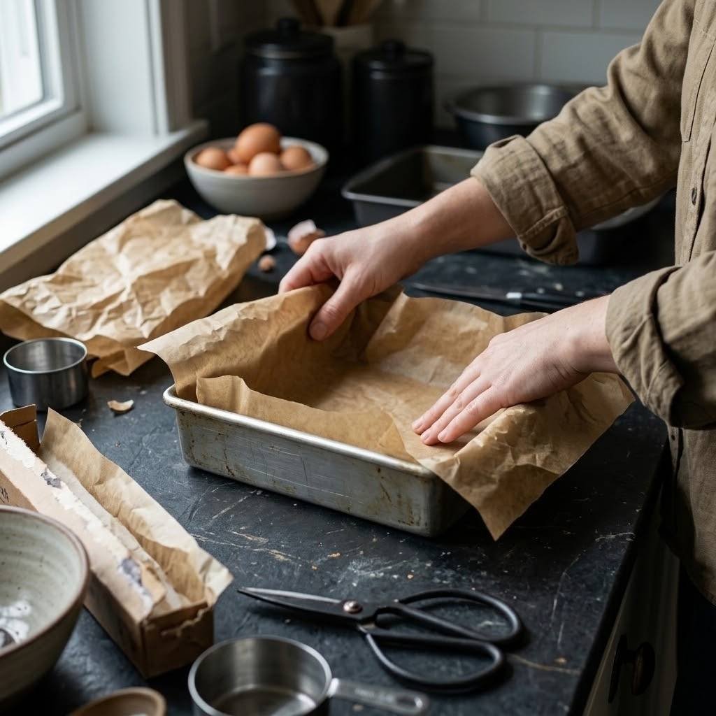Preheat to 350°F (175°C). Line an 8x8-inch pan with parchment, leaving overhang on two sides.