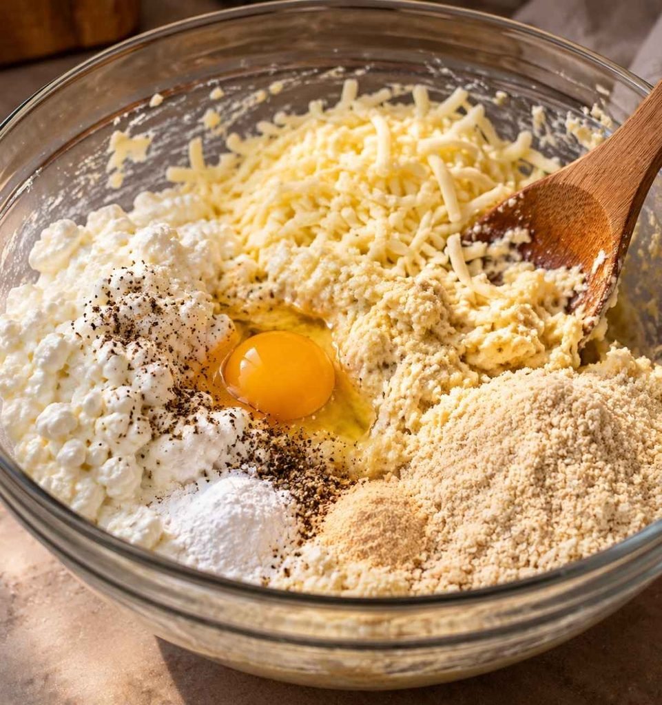 In a large bowl, combine the cottage cheese, almond flour, egg, baking powder, garlic powder, mozzarella cheese, salt, and pepper.