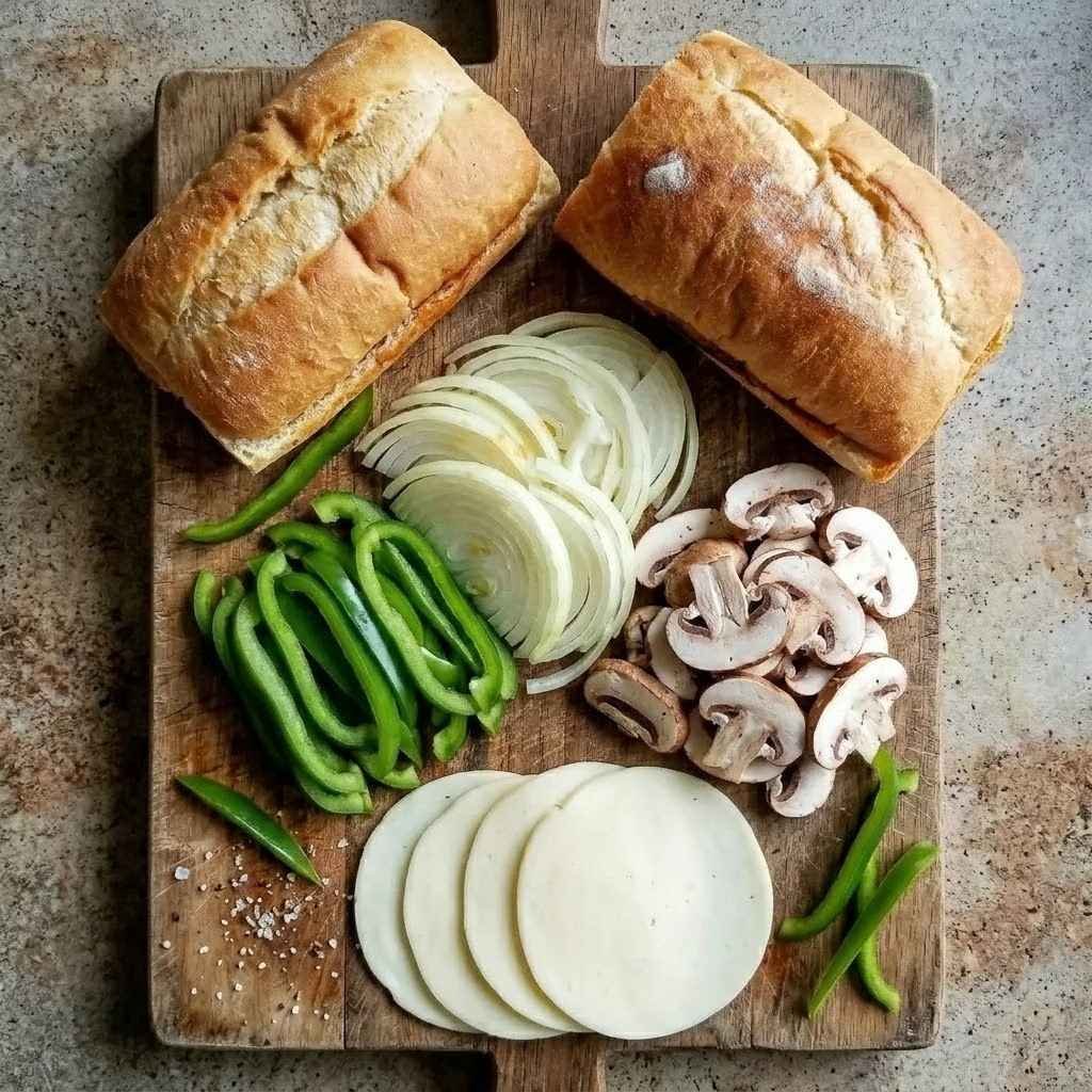 Slice the onion thin. Slice the peppers and mushrooms if using. Split the rolls most of the way through, leaving a hinge.