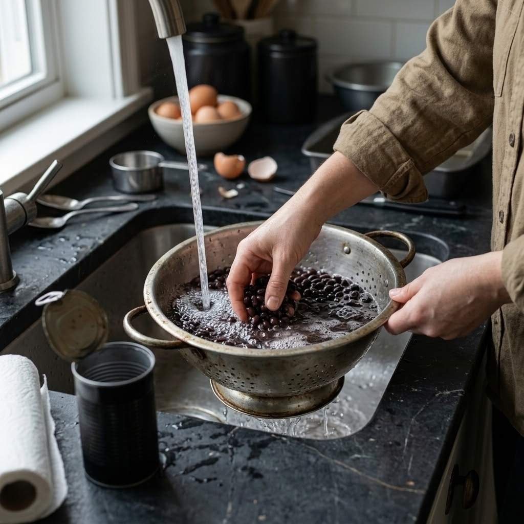 Drain the beans and rinse under cold running water for a full minute, agitating them with your hand.