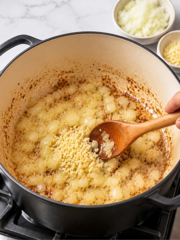 Add butter to the same pot and let it melt over medium heat. Add the chopped onion and cook until it becomes soft and fragrant.