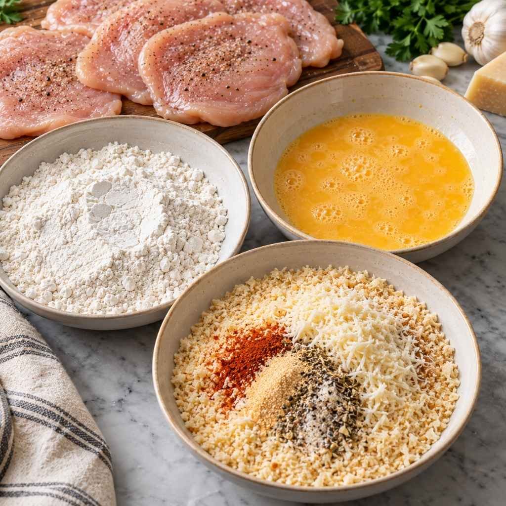 Use three shallow bowls. Bowl one: flour. Bowl two: beaten eggs. Bowl three: panko, 1 cup Parmesan, garlic powder, onion powder, and paprika, mixed well.