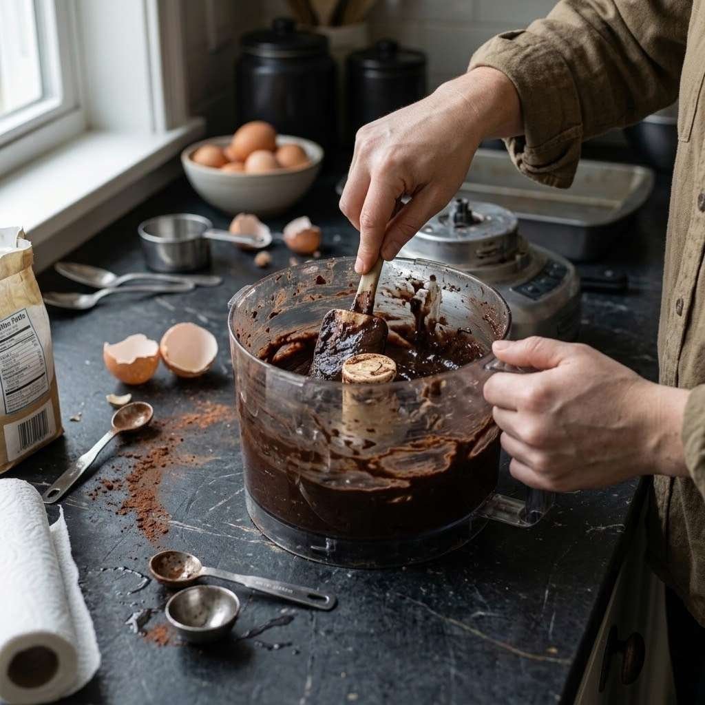Add the beans, eggs, oil, cocoa, sugar, vanilla, baking powder, and salt to a food processor.