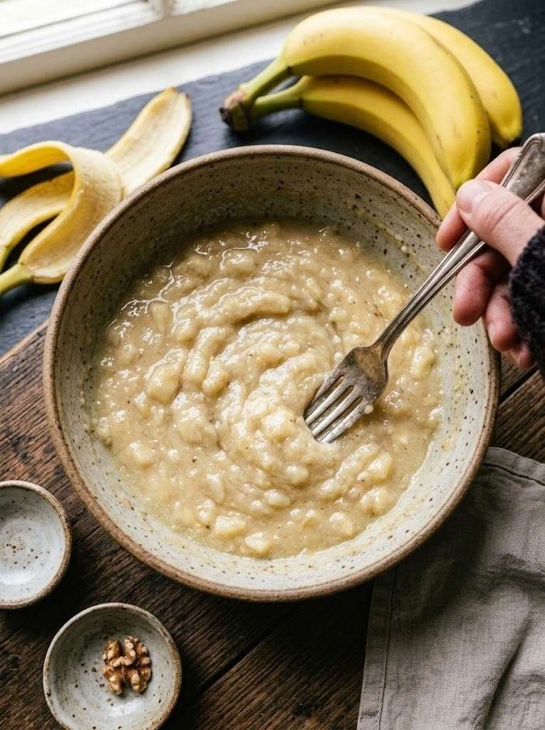 Mash the bananas in a large bowl with a fork until mostly smooth. A few small lumps are fine and give the finished loaf some texture.