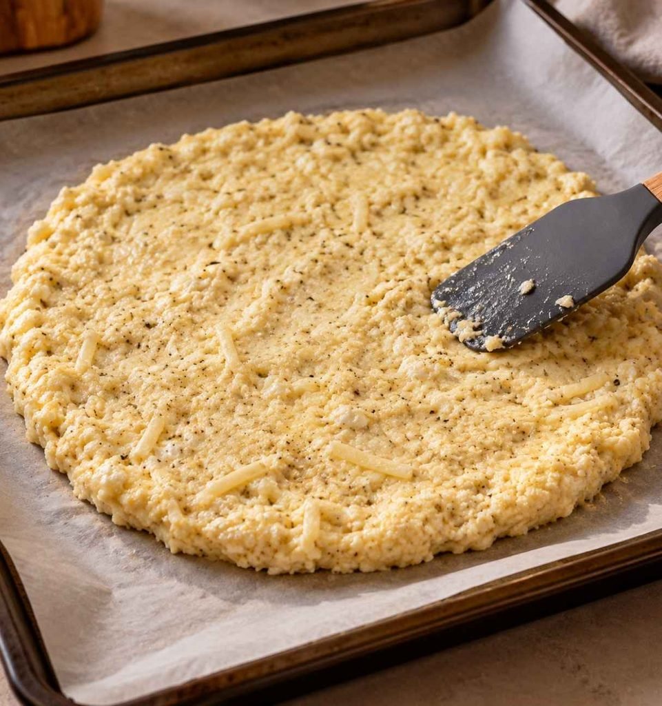 Transfer the dough onto the prepared baking sheet. Using a spatula or lightly oiled hands, press the mixture into a round or square shape about ½ inch thick.