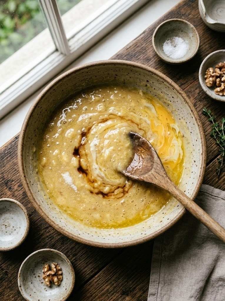 Stir the melted butter into the mashed banana. Then add the sugar, beaten egg, and vanilla, stirring until smooth.