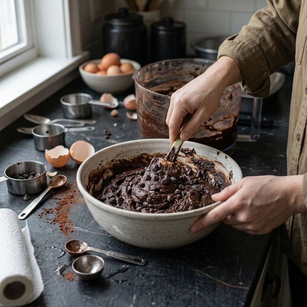 Transfer the batter to a bowl and fold in ¼ cup of the chocolate chips by hand.