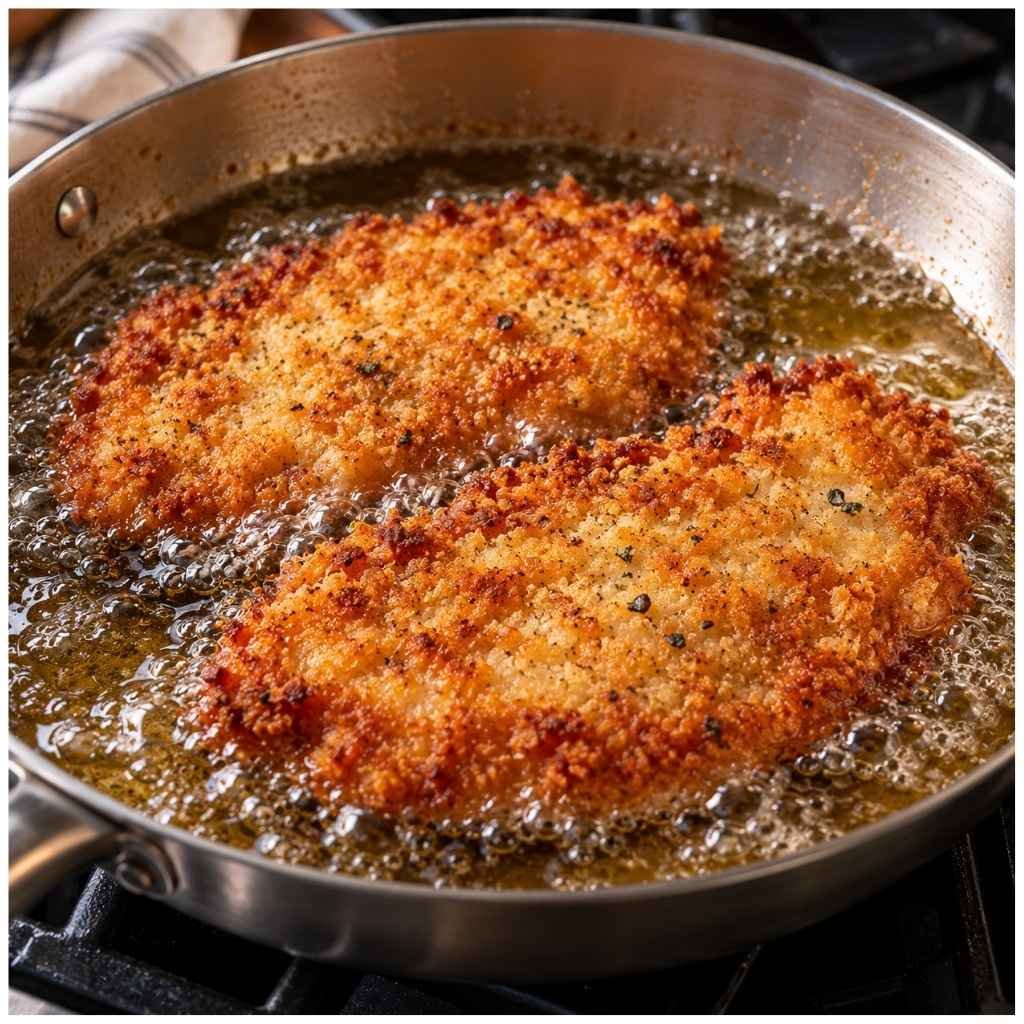 Heat the oil in a large skillet over medium heat until it shimmers (about 350°F). Fry two cutlets at a time for 3 to 4 minutes per side, until deep golden and the thickest part reads 165°F (74°C)