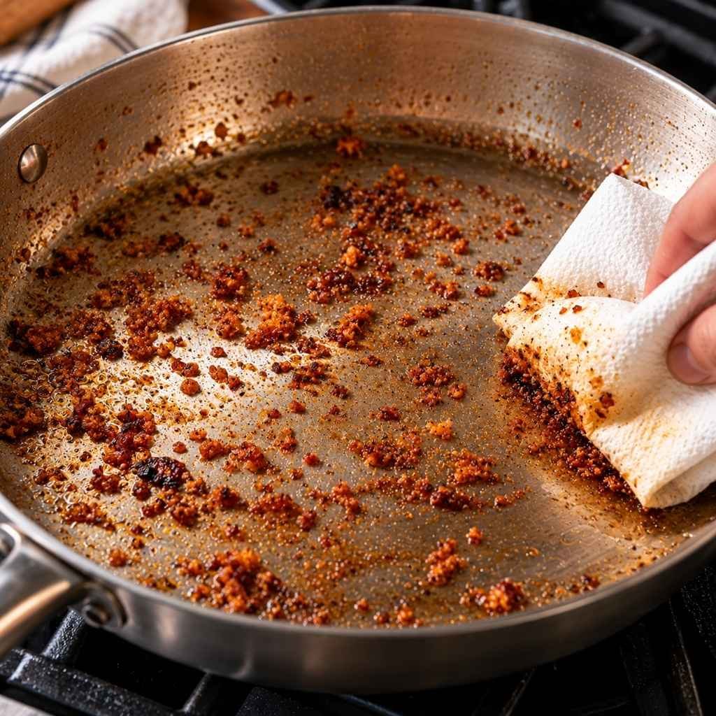 Pour off the oil and carefully wipe out any burnt crumbs with a paper towel. Leftover crumbs will turn the sauce bitter.