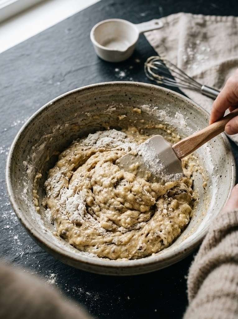 Add the dry mixture to the wet and fold with a spatula until just combined, about 12 to 15 strokes.