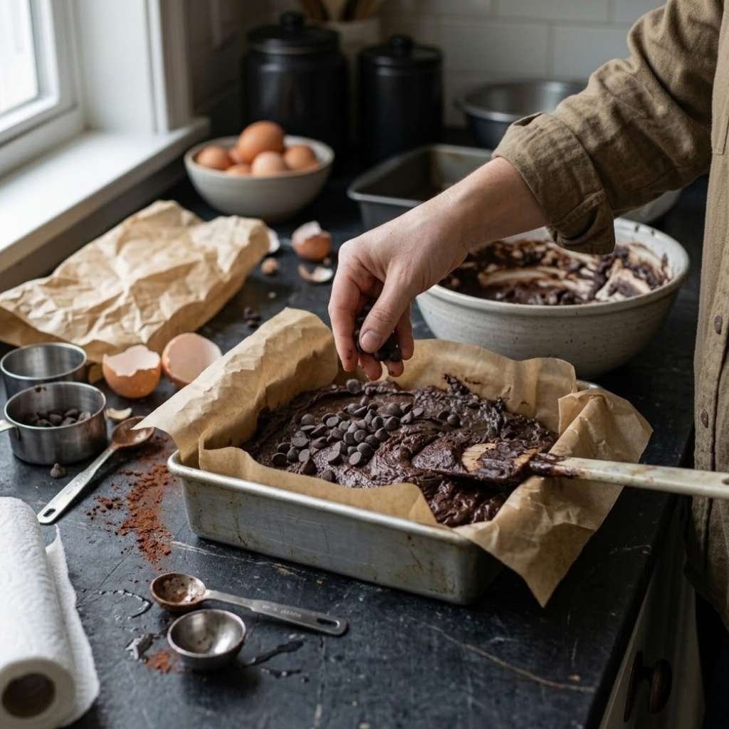 Scrape the batter into the lined pan and spread it level. It will be thick and will not pour.