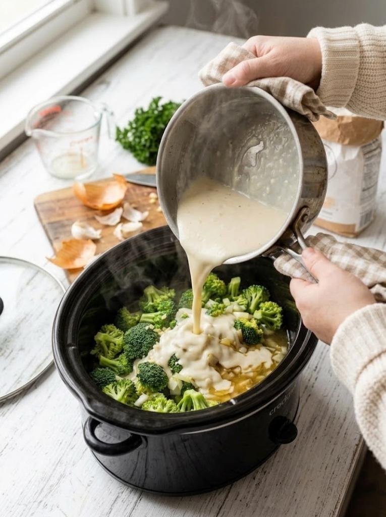 Wait about two minutes for the soup to stop bubbling, then add the grated cheddar in three or four handfuls, stirring until each melts before the next goes in.