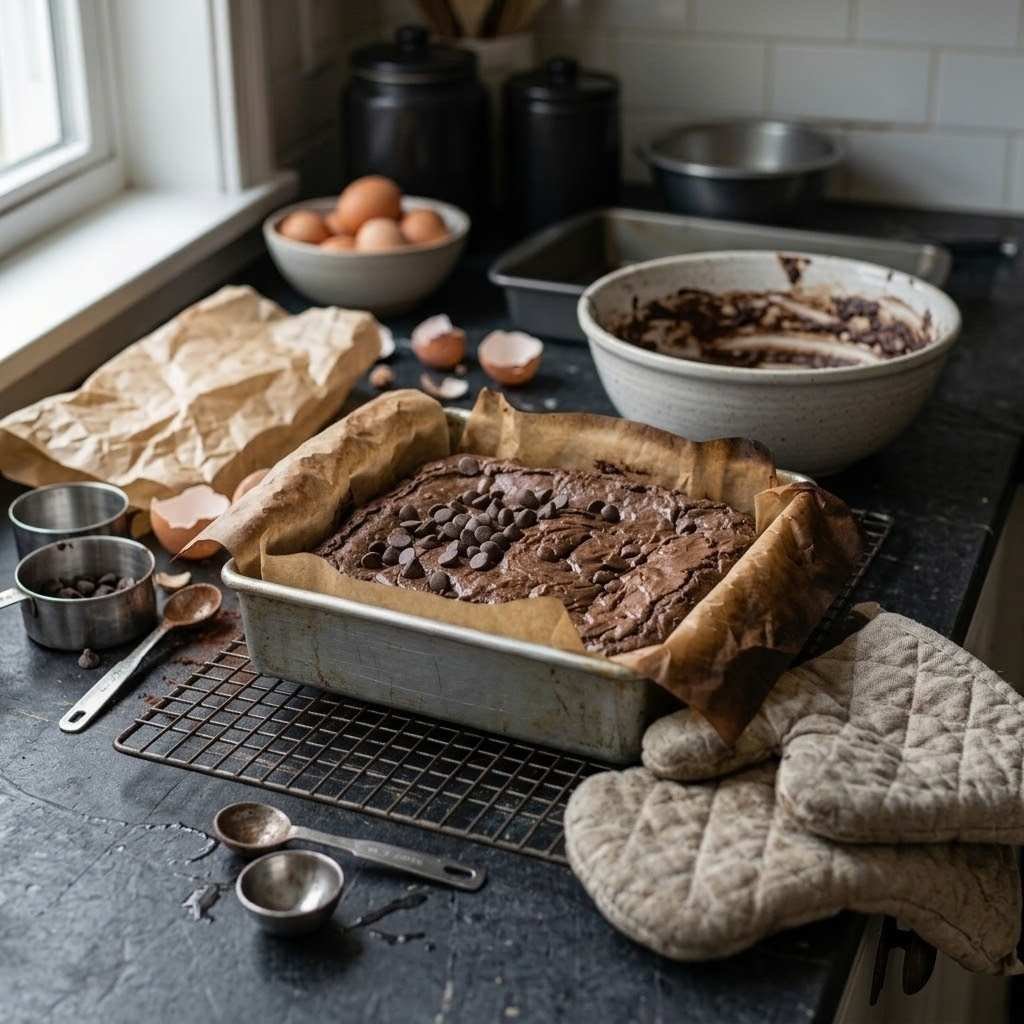 The edges should look set and pull slightly from the sides. The center should look just barely set, with a slight wobble if you shake the pan.