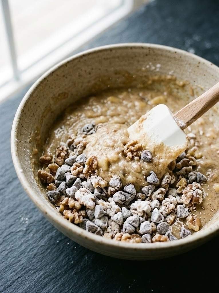 If using walnuts or chocolate chips, toss them in a tablespoon of flour first, then fold them in with 3 or 4 strokes only.