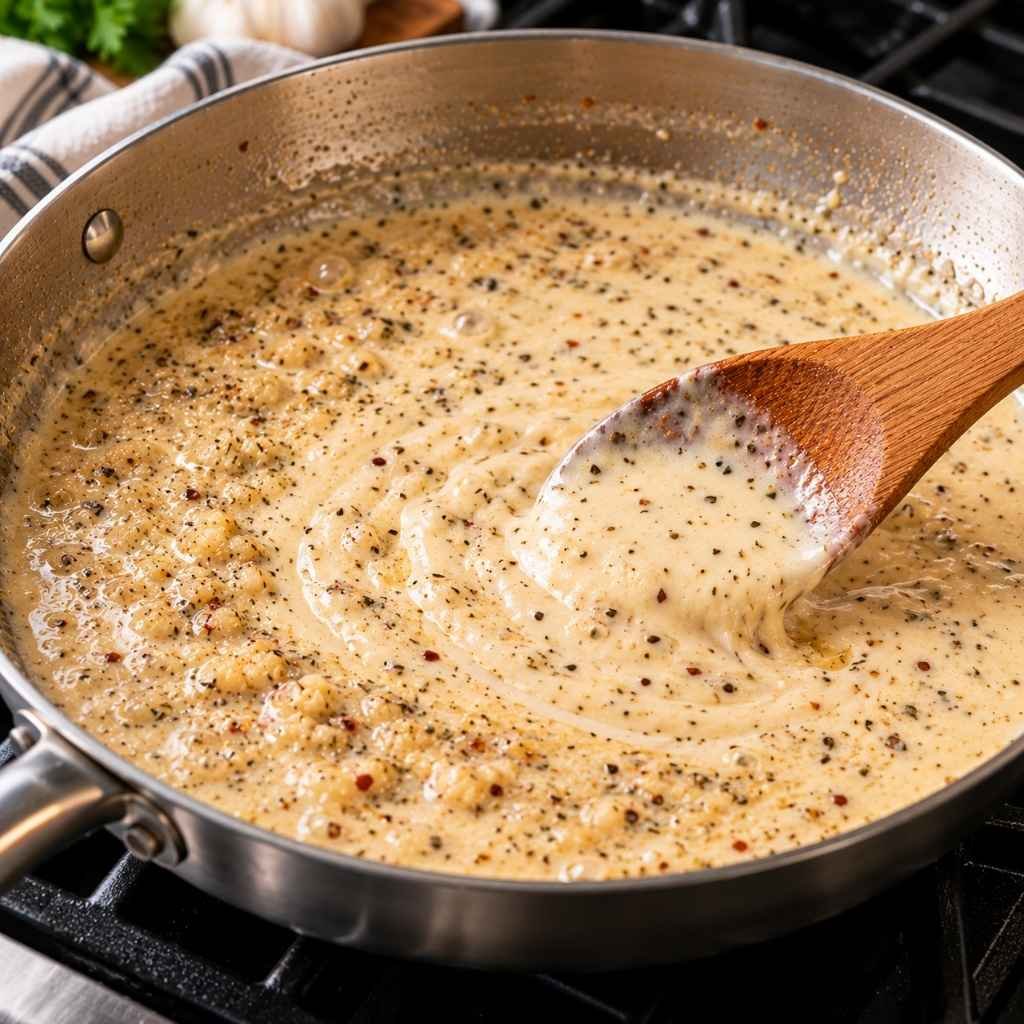 Take the pan off the burner. Stir in 1/2 cup Parmesan a handful at a time until smooth. Season with pepper, red pepper flakes if using, and salt only if needed.