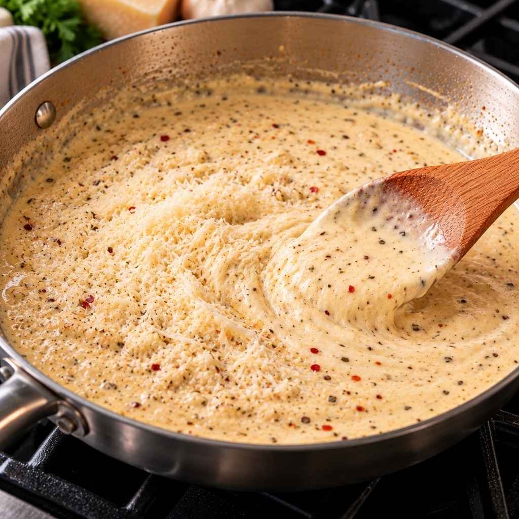 Take the pan off the burner. Stir in 1/2 cup Parmesan a handful at a time until smooth. Season with pepper, red pepper flakes if using, and salt only if needed.
