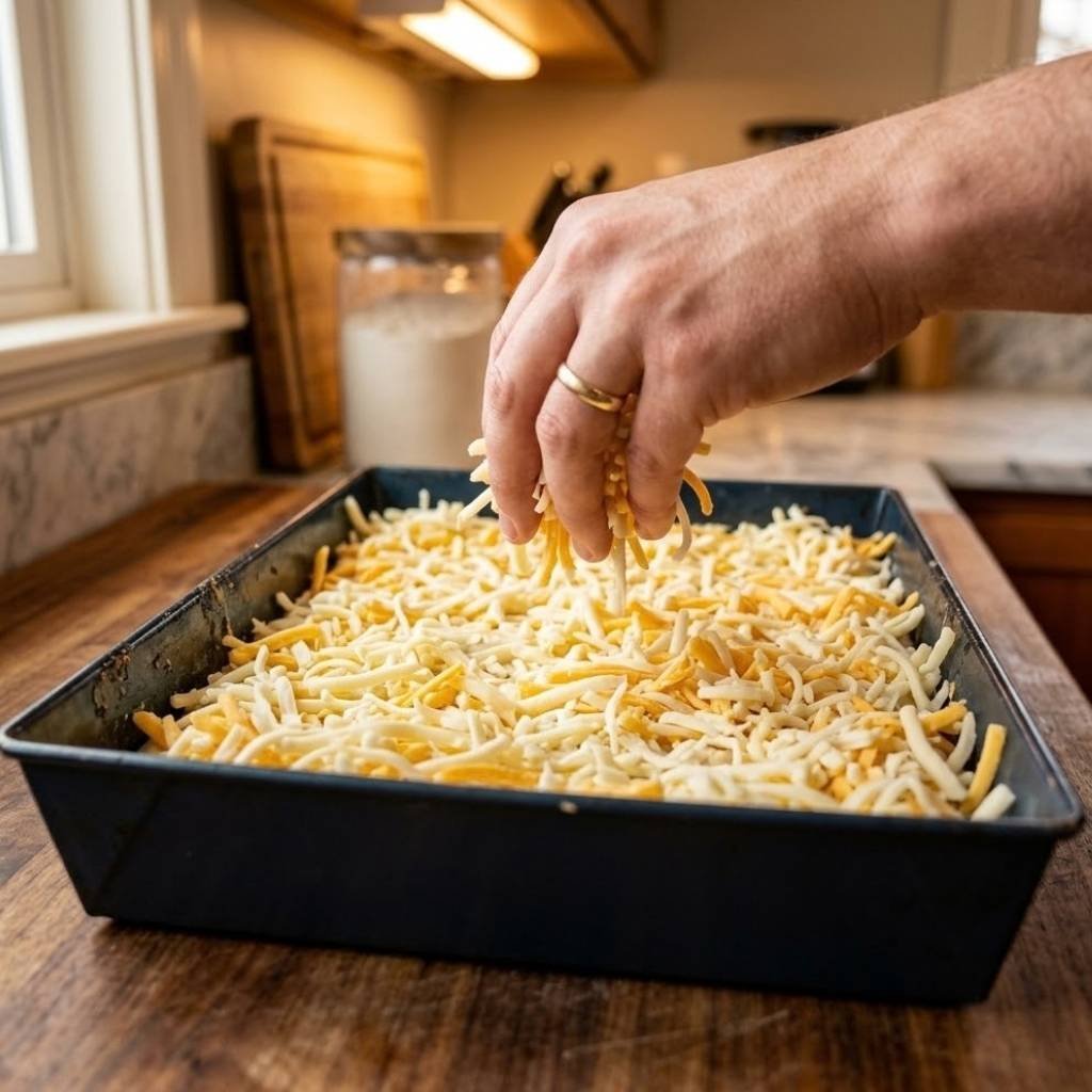 Make sure some of the cheese reaches all the way to the edges of the pan. This is what allows the cheese to melt against the hot pan and develop the crispy, caramelized border that Detroit style pizza is known for.