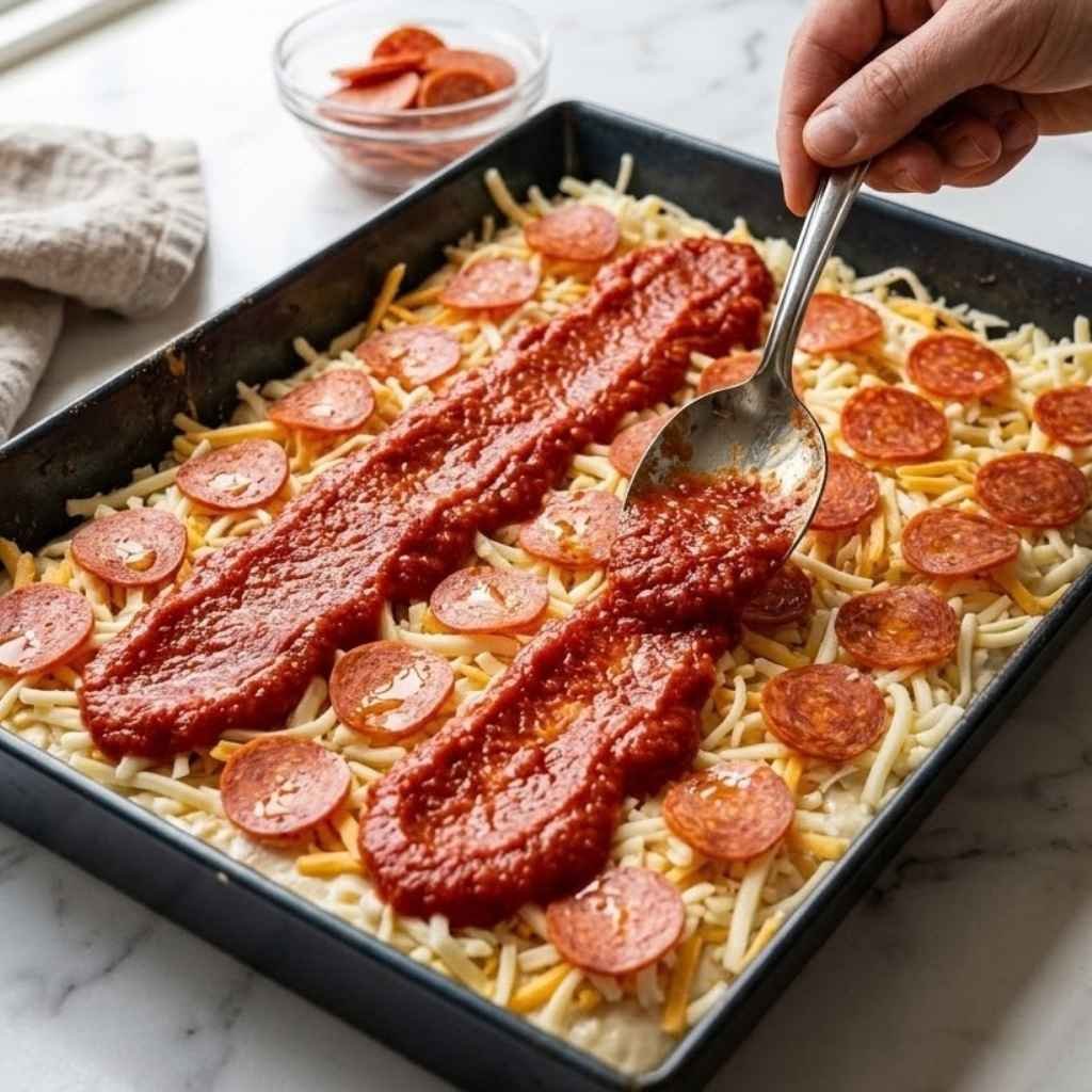 Instead of spreading the pizza sauce over the entire surface, spoon it on top in two or three lines or small dollops. This keeps the sauce concentrated while allowing the cheese and crust to brown properly.