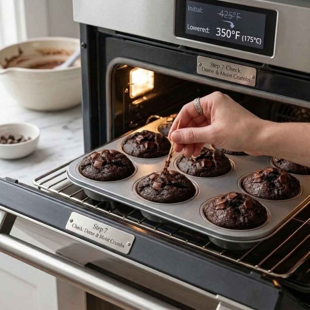 Step 7: Bake Hot, Then LowerBake at 425°F for 5 minutes, then without opening the door, reduce the oven to 350°F (175°C) and bake another 13 to 16 minutes.