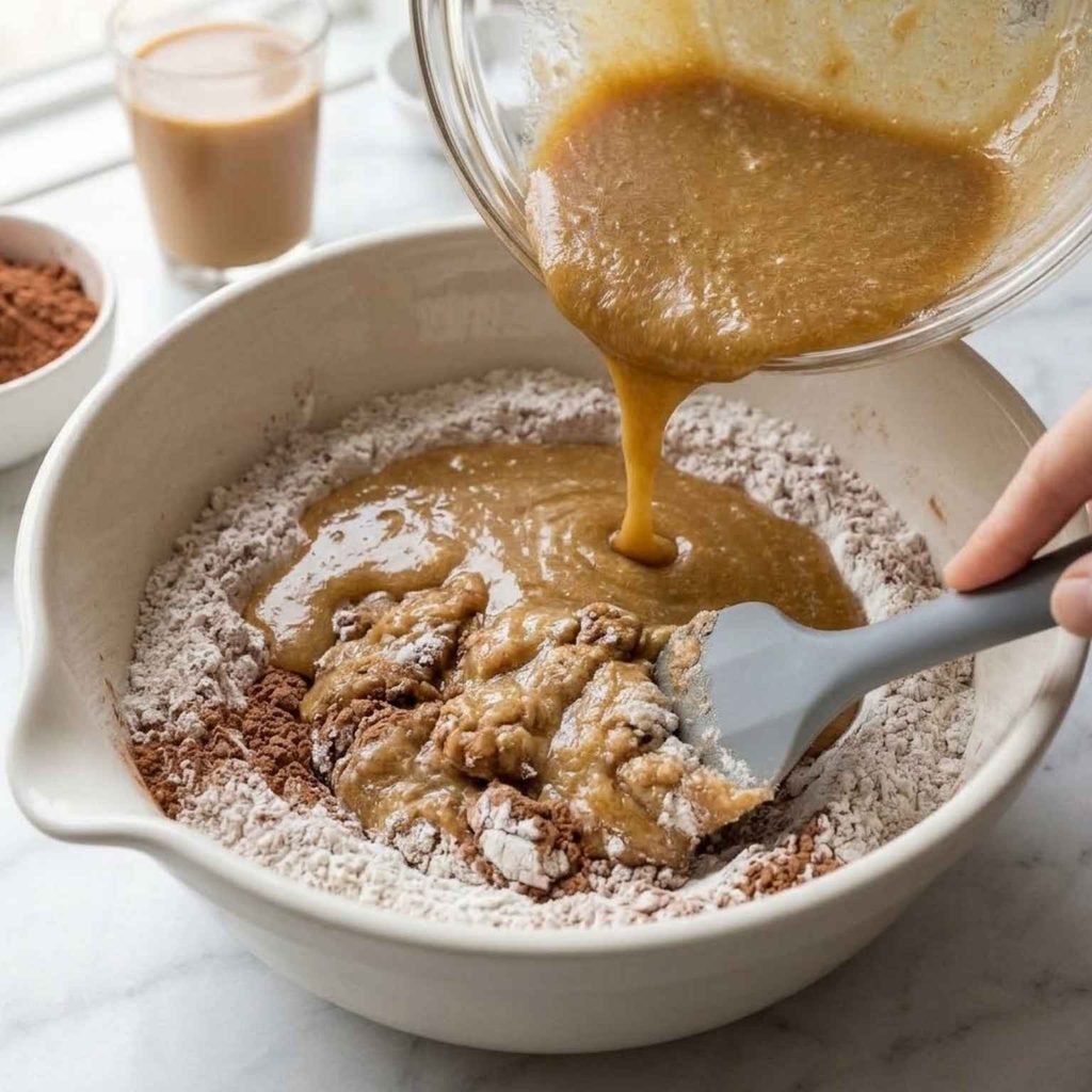 Step 4: Combine, But BarelyPour the wet into the dry and fold with a spatula until just combined, about 12 to 15 strokes.