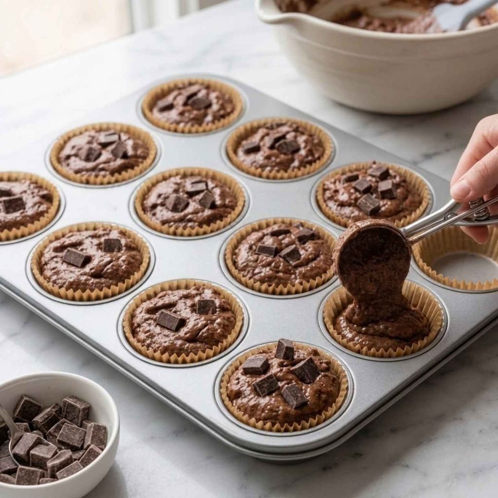 Step 6: Fill GenerouslyDivide the batter between the 12 liners, filling each almost to the top rather than three-quarters.