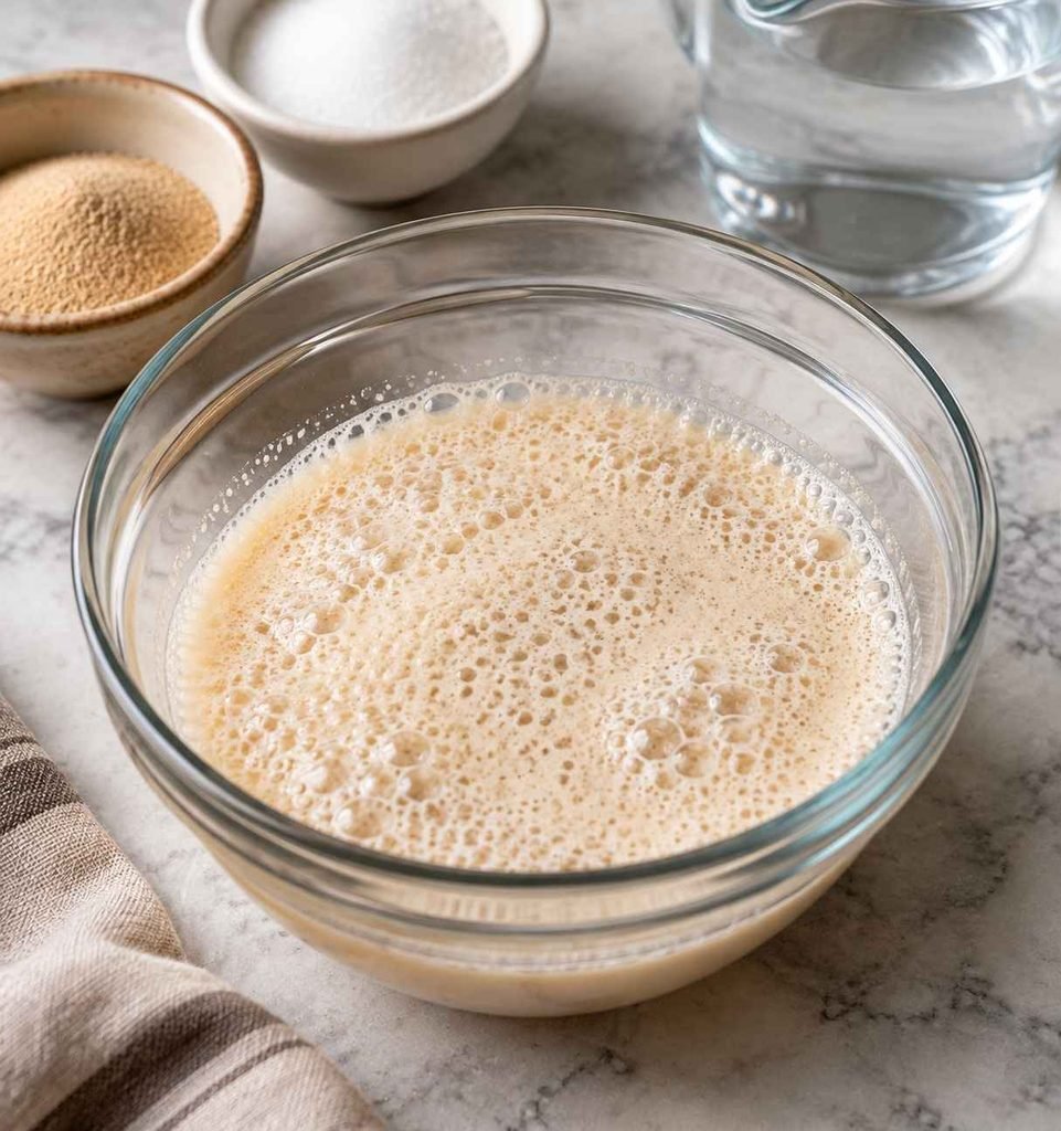 Combine warm water, sugar, and active dry yeast in a small bowl. Stir gently and let it sit for 5–10 minutes until the mixture becomes foamy. This helps confirm that the yeast is active and ready to help the dough rise.