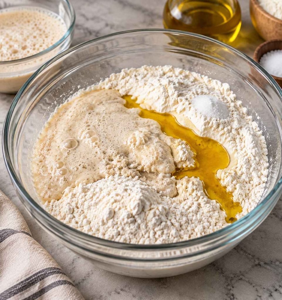 In a large bowl, combine the sourdough discard, flour, and salt. Add the activated yeast mixture and olive oil. Mix until a soft dough forms.