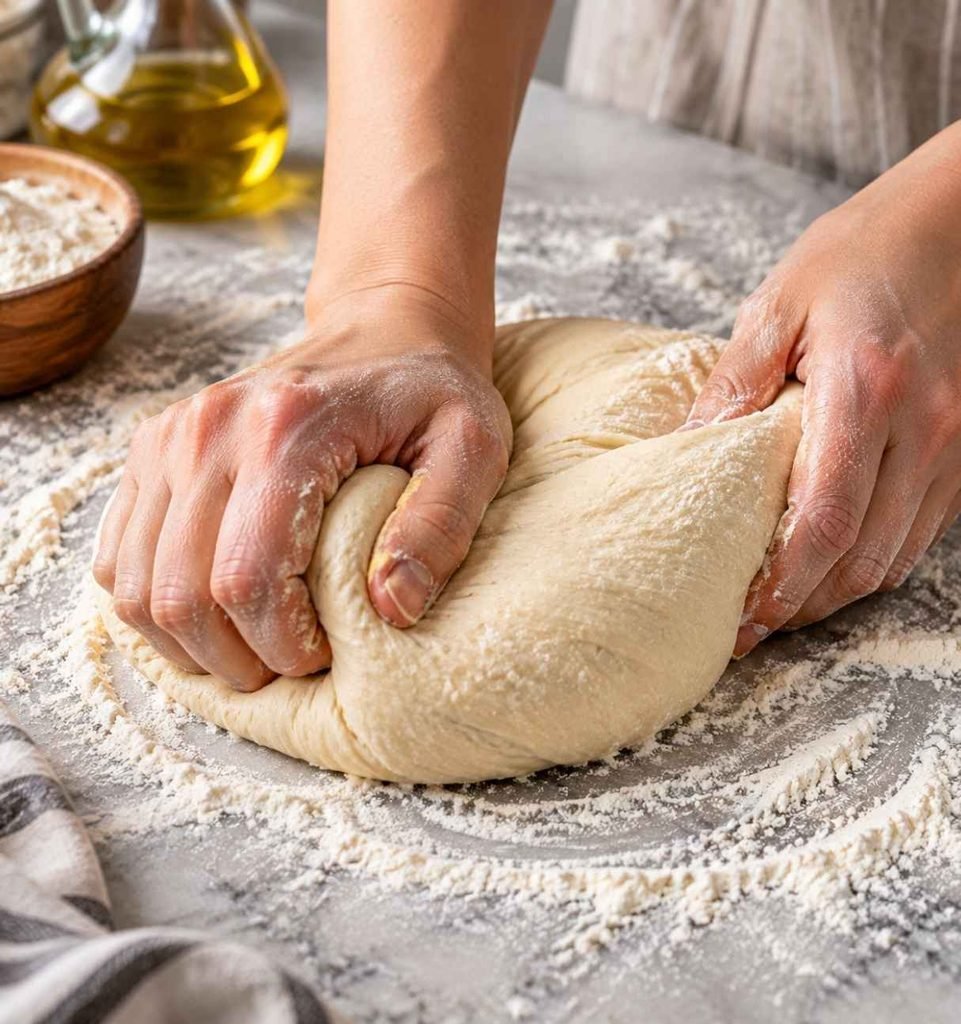 Transfer the dough to a lightly floured surface and knead for 5–7 minutes. Proper kneading develops gluten, which helps create soft and airy breadsticks.