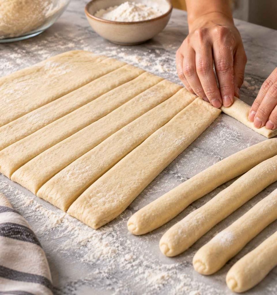 After rising, gently press down the dough to release excess air. Roll it into a rectangle about ½ inch thick.