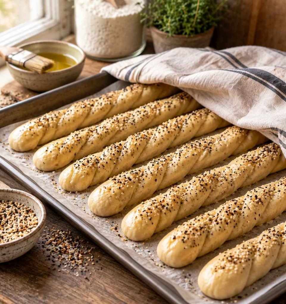 Place the shaped breadsticks on a parchment-lined baking sheet. Cover lightly and let them rest for another 15–20 minutes.