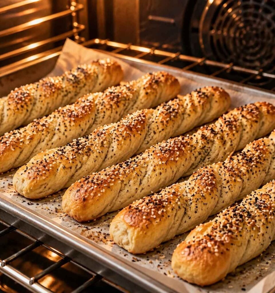 Brush the breadsticks with olive oil and add garlic powder, sesame seeds, everything seasoning, or your favorite toppings.