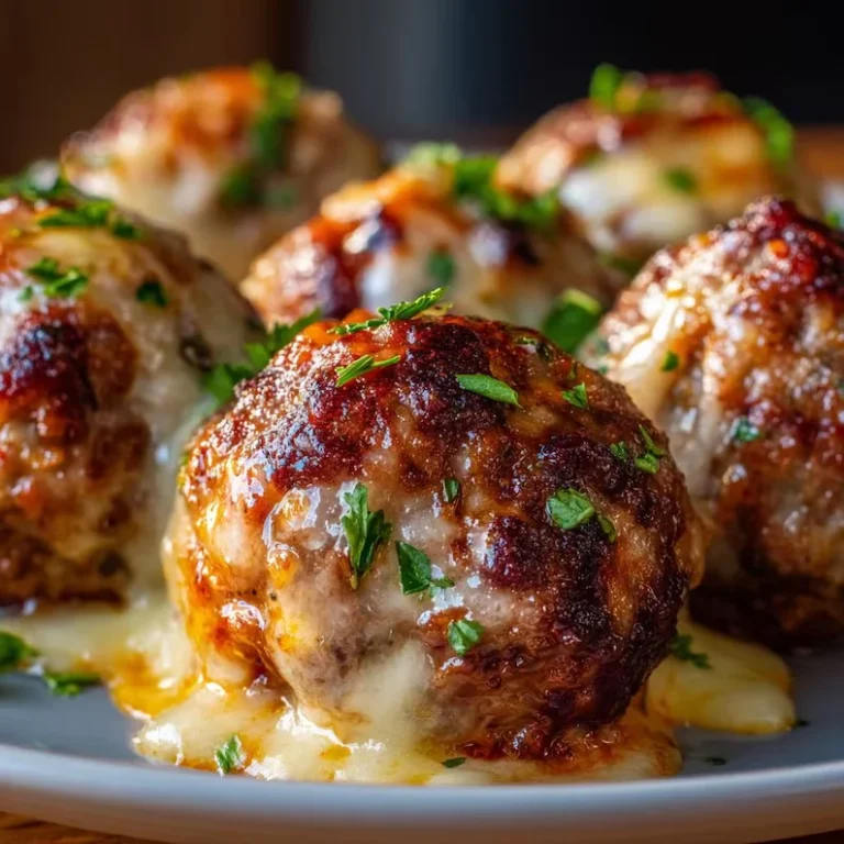 Baked Mozzarella Stuffed Meatballs with Garlic Sauce: Easy Cheesy Dinner Recipe for Busy Weeknights