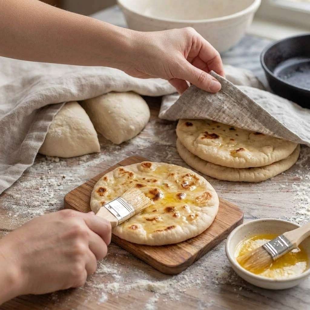 Brush each naan with melted butter or ghee the moment it comes off the pan, while it is hot enough to absorb it.