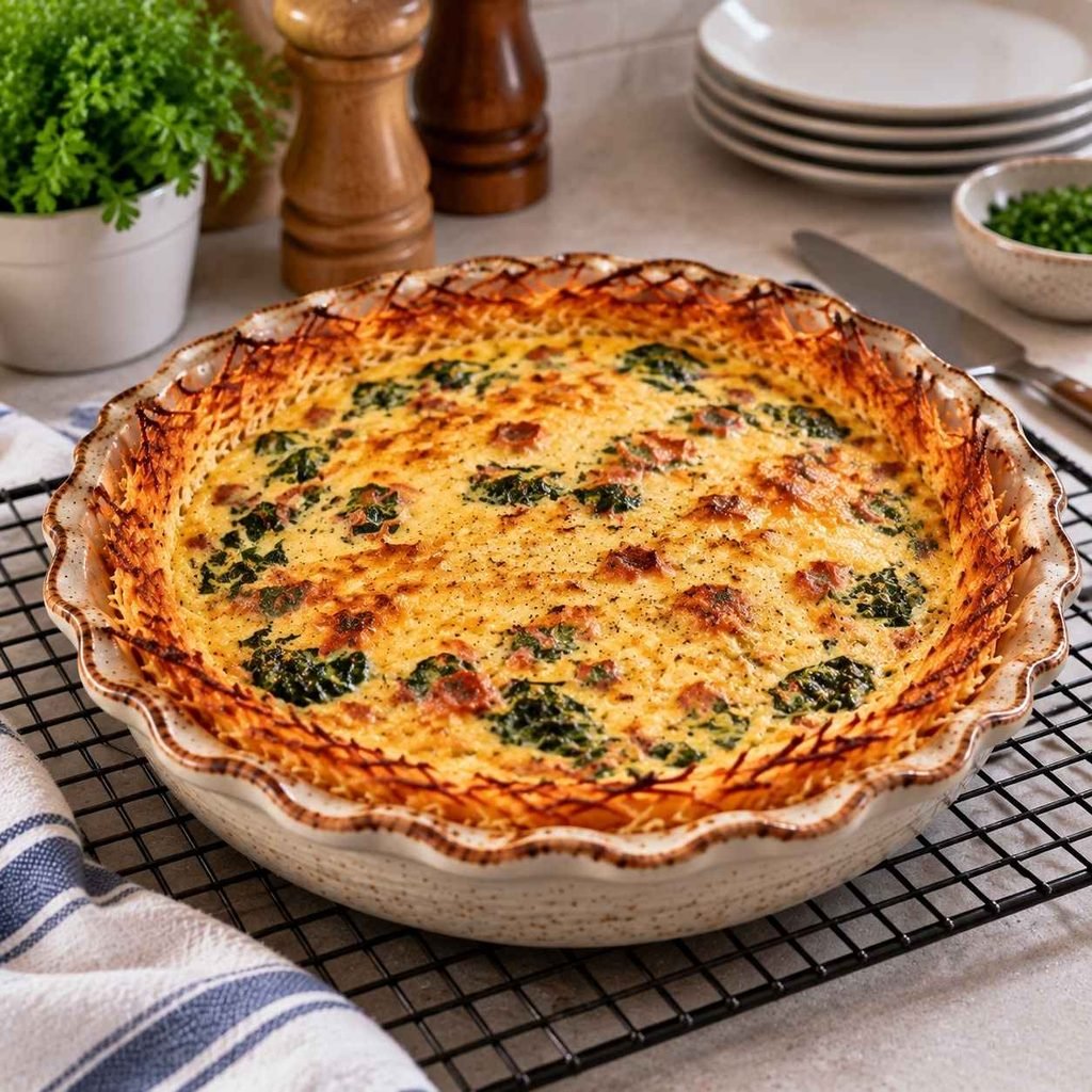 Take the quiche out and set it on a wire rack. Leave it alone for at least 10 minutes, ideally 15.