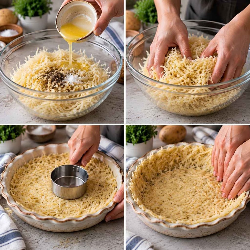 Preheat the oven to 375°F (190°C) and grease a 9-inch pie dish thoroughly, including the sides. Potato starch grips hard, so be generous.