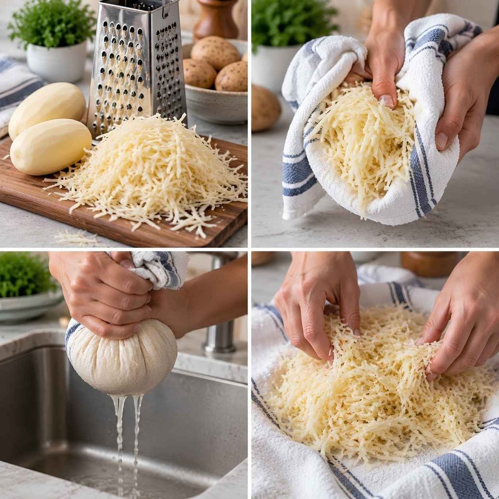 Peel 2 medium Russet potatoes and shred them on the large holes of a box grater, or use the shredding disc on a food processor.