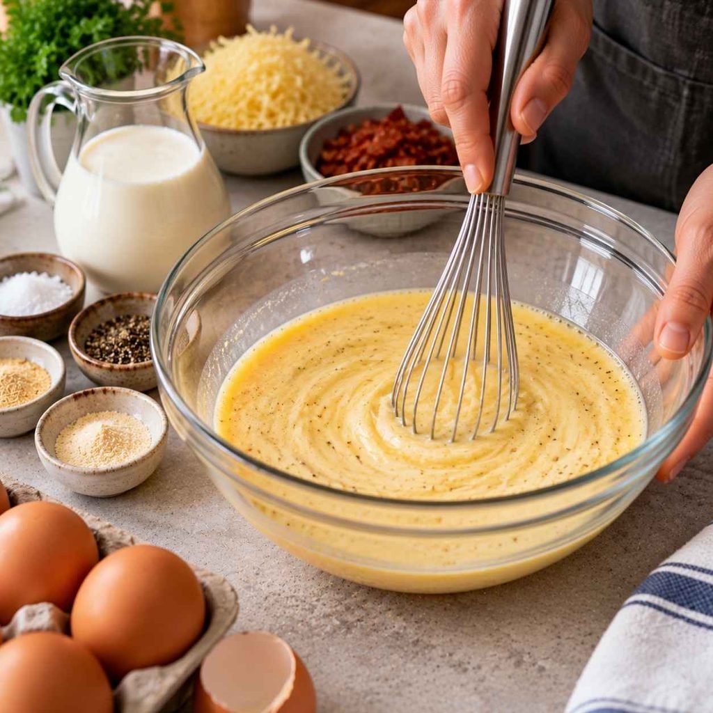 Crack 6 large eggs into a large bowl and whisk until the yolks and whites are fully combined with no streaks.