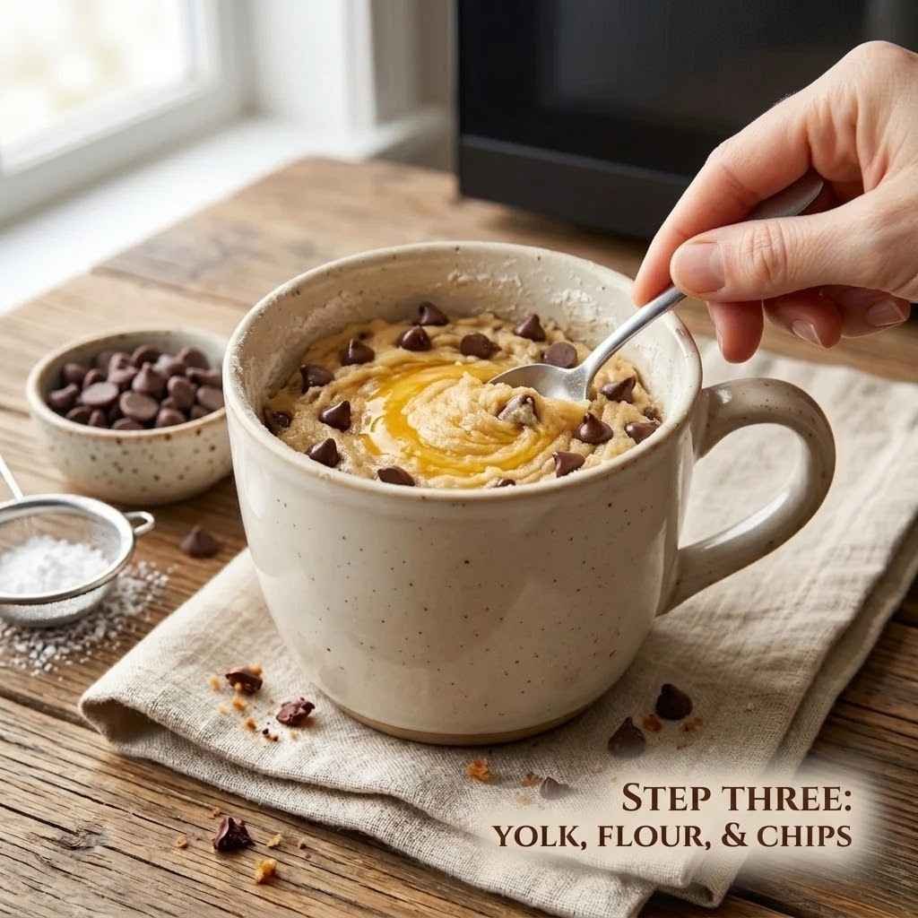 Add one egg yolk to the mug and mix well until fully combined.